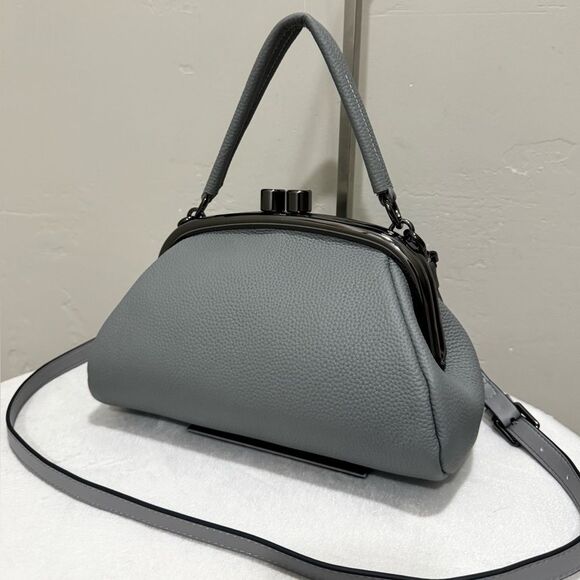 Gray Togo Cowhide Calfskin Handmade Kisslock Wristlet, Shoulder Bag, Crossbody - Picture 5 of 16